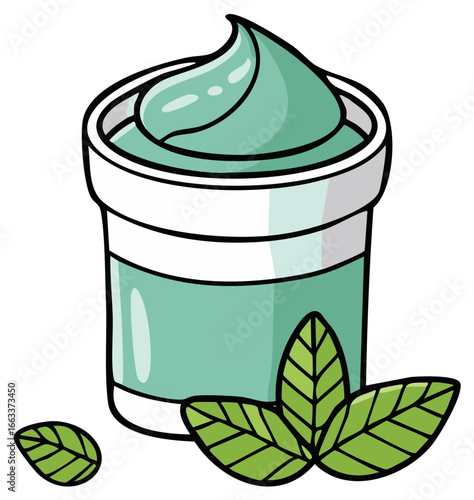 Mint flavored ice cream in a cup with fresh green mint leaves in a cartoon style vector illustration