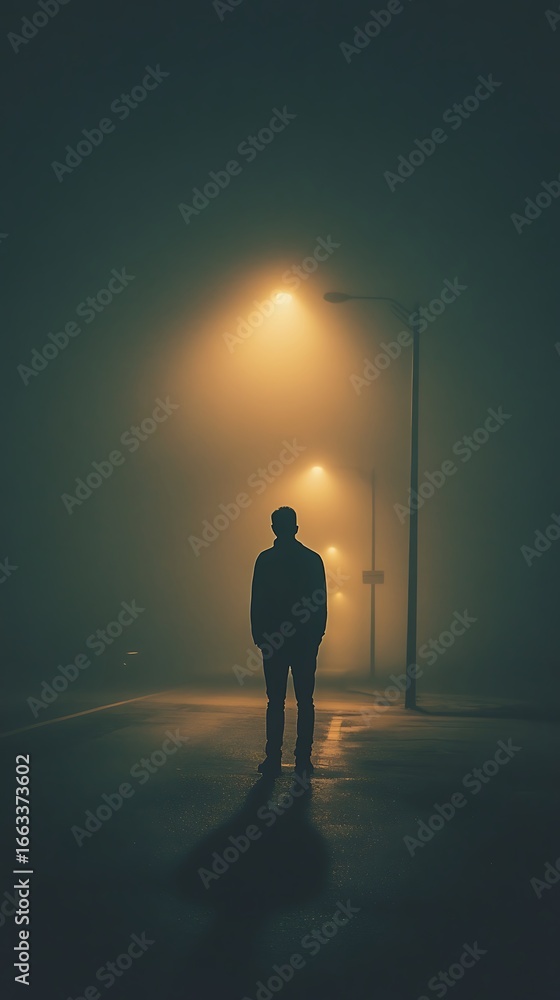 Obraz premium Silhouette of Man Standing on Wet Street in Foggy Night under Yellow Streetlights