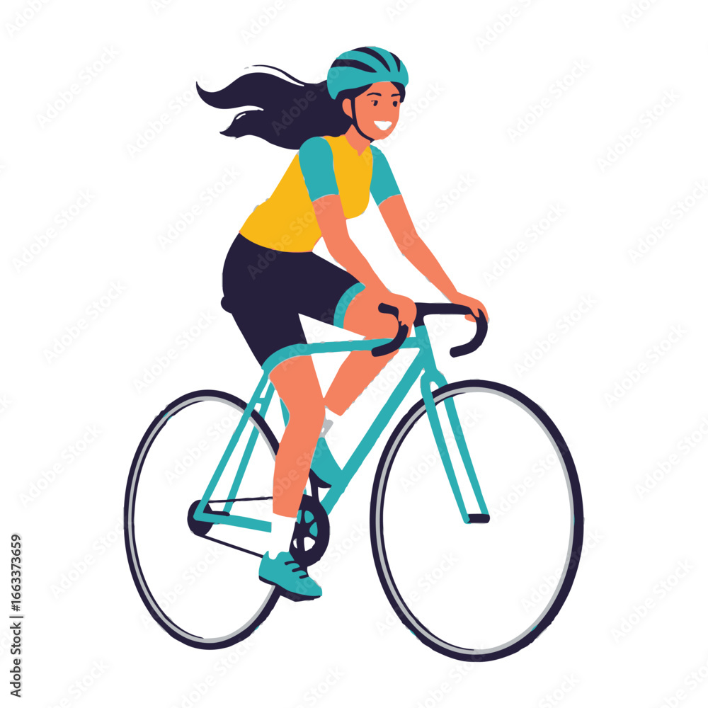 Fototapeta premium Bike Ride: A vibrant illustration captures a smiling individual joyfully riding a bicycle, embodying the spirit of outdoor recreation and personal fitness.
