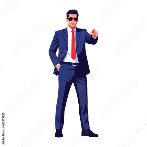Executive Decision: A confident leader, resplendent in a tailored suit and shades, makes a direct, emphatic point, personifying authority and vision.