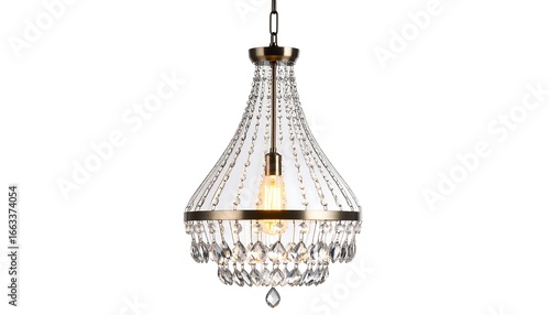 A  vintage-inspired chandelier with a brass finish and clear crystal accents