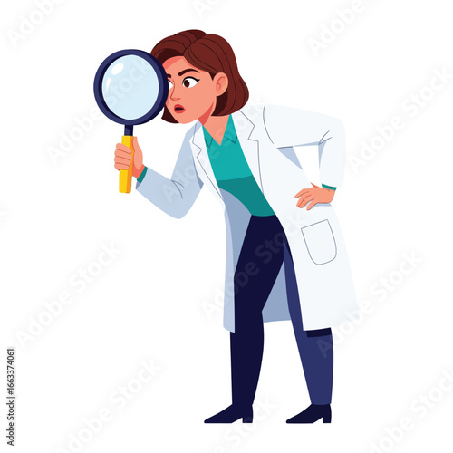 The Investigator: A determined woman scientist peers intently through a magnifying glass, showcasing the spirit of discovery, study and analytical rigor in the field of scientific research.