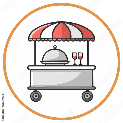 Mobile Food Cart Service with Dome Dish and Wine Glasses Under Striped Canopy