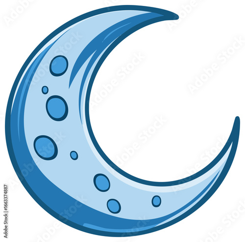 Crescent Moon Illustration Lunar Shape Blue with Craters Cartoon Style
