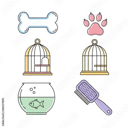 Collection of pet care icons including a bone, paw print, bird cages, fishbowl and brush.