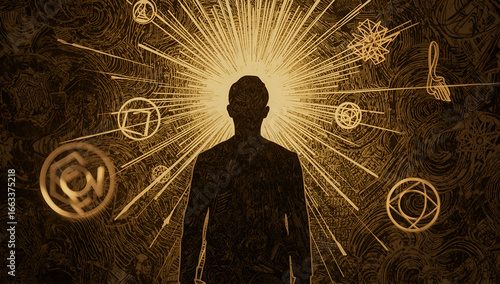 Silhouette with Abstract Symbols and Radiant Light