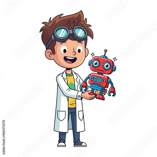 Young Inventor with Robotic Companion: A spirited young inventor proudly holds his newly created robot, an emblem of innovation and creative exploration in the realm of technology and engineering.