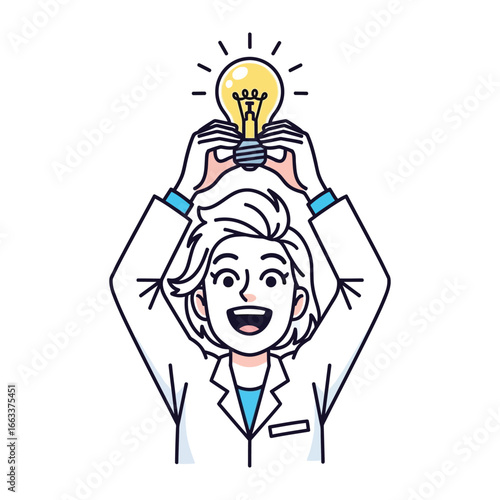 Illuminating Breakthrough: A scientist, filled with a eureka moment of scientific discovery, holds a glowing lightbulb over her head, embodying intelligence and creativity. 