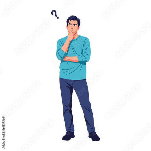 Man pondering with question mark: A thoughtful man stands deep in thought, a question mark hovering above his head, conveying a sense of inquiry and contemplation. 