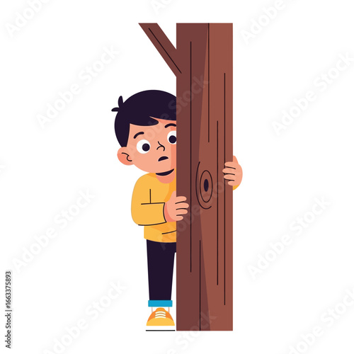 Hiding in Plain Sight: A curious child peers cautiously from behind a sturdy tree, embodying innocence and exploration, set against a vibrant backdrop of vivid colors.