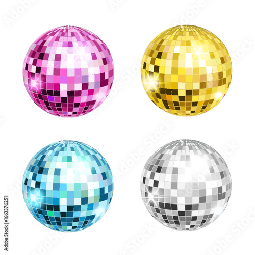 Disco ball isolated set illustration. Night Club party glowing light element. Bright mirror balls design for disco dance club. Vector