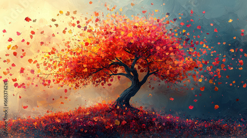 Fototapeta Naklejka Na Ścianę i Meble -  A whimsical illustration of a vibrant tree, its branches heavy with colorful leaves, cascading downwards against a backdrop of a soft, abstract background. The tree, a 3D abstraction, is adorned 