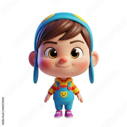 3D Cartoon Child in Overalls and Earflap Hat