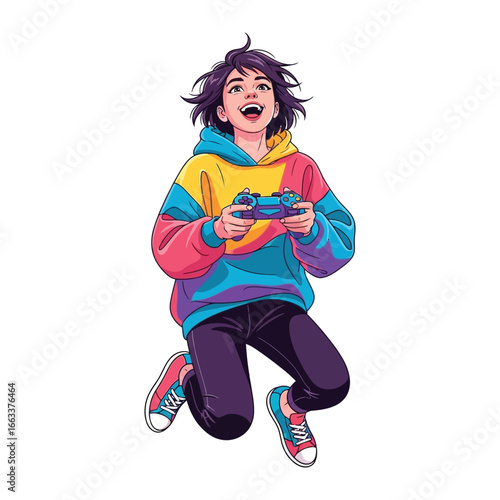 Digital Dreamer: An enthusiastic young individual immersed in the digital realm, clutching a gaming controller amidst vibrant colours, radiating youthful energy and excitement.