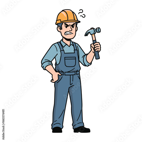 Construction Worker in Frustration: An illustration of a construction worker, depicted in a state of frustration holding a hammer, encapsulates the everyday challenges.