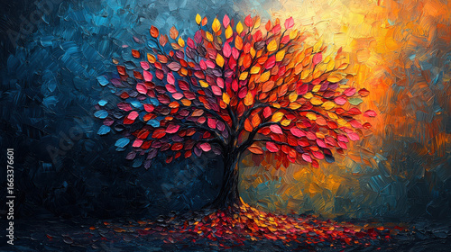 Fototapeta Naklejka Na Ścianę i Meble -  A whimsical illustration of a vibrant tree, its branches heavy with colorful leaves, cascading downwards against a backdrop of a soft, abstract background. The tree, a 3D abstraction, is adorned 