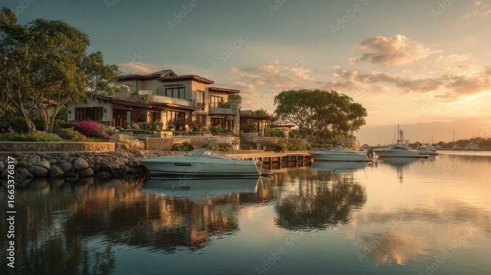 Fototapeta premium Beautiful waterfront house at sunset with boats docked along a serene lake