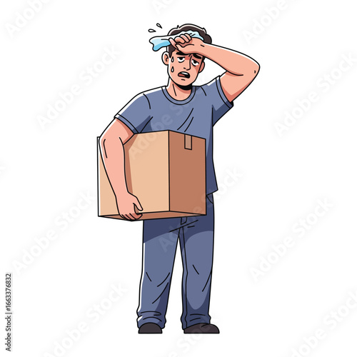 The Man and Package: A man, visibly exhausted, sweats as he struggles to carry a heavy box, a relatable depiction of labor and physical strain.