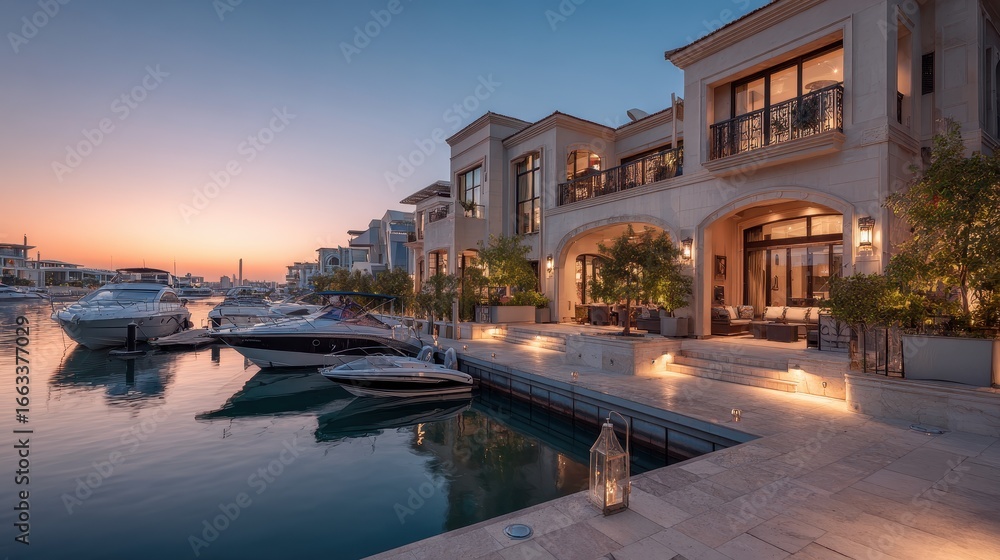 Fototapeta premium Luxury waterfront villa with yachts at sunset in a serene marina setting