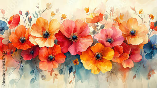 A whimsical watercolor banner, painted in vibrant hues of May, featuring a cluster of blooming flowers, offering a perfect backdrop for your Mother's Day message 