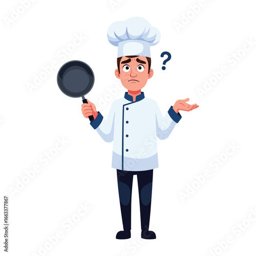 A Confused Chef: A chef, clad in his traditional toque and uniform, stands perplexed, a frying pan held in his hand as he struggles to find inspiration.