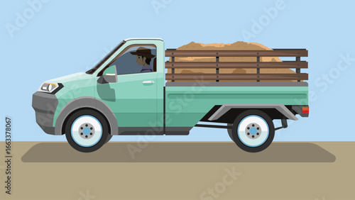 Object of side view Pickup trucks for agriculture. Driving man in side car. light green car with a cargo compartment. With shadow on isolated white background.