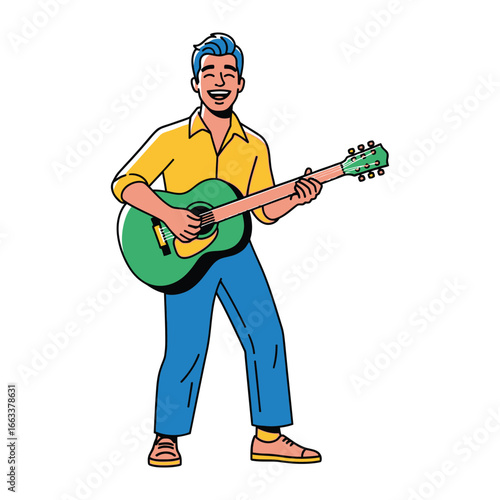 Serenade of a Musician: Captivating illustration of a cheerful guitarist strumming a vibrant instrument, his expression alight with passion and musical immersion.
