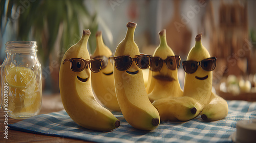 Bunch of bananas in tiny sunglasses lounging on picnic blanket near jug of lemonade, a funny and wholesome moment.