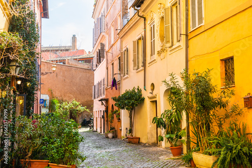 Fototapeta Naklejka Na Ścianę i Meble -  Colorful architecture in Trastevere district in Rome, Italy. Yellow buildings and green flowers on cozy street at sunny day.