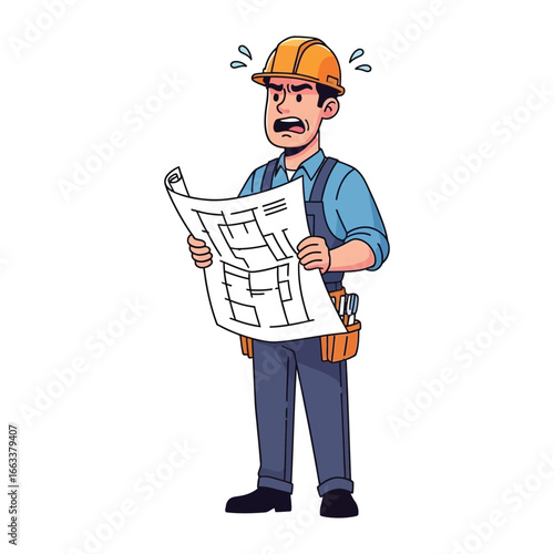Construction Worker's Dilemma: An illustration of a construction worker in dismay, studying a complex blueprint with furrowed brow, portraying a common workplace challenge.