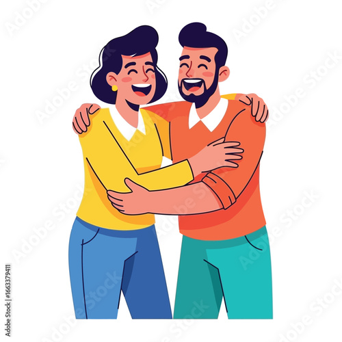 Joyful Embrace: A heartwarming illustration captures two figures, a man and a woman, locked in a tender embrace, radiating joy and connection.