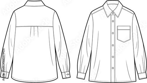 Button-Up Shirt, Pointed Collar, Double Chest Pockets, Pleated Back Yoke, Stylish Garment Layout Views CAD Drawing Flat Vector Illustration