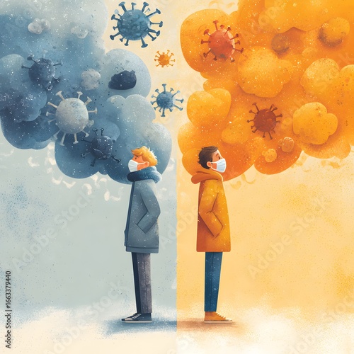 two people wearing masks and standing in front of a cloud of virus