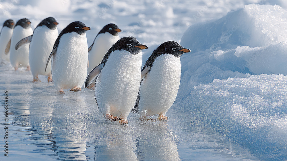 Fototapeta premium Penguins walking on ice in Antarctica, displaying natural beauty.