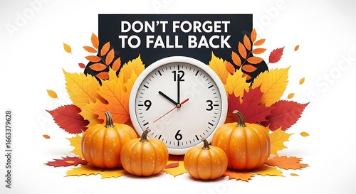 Dont forget to fall back daylight saving time change with pumpkins and autumn leaves