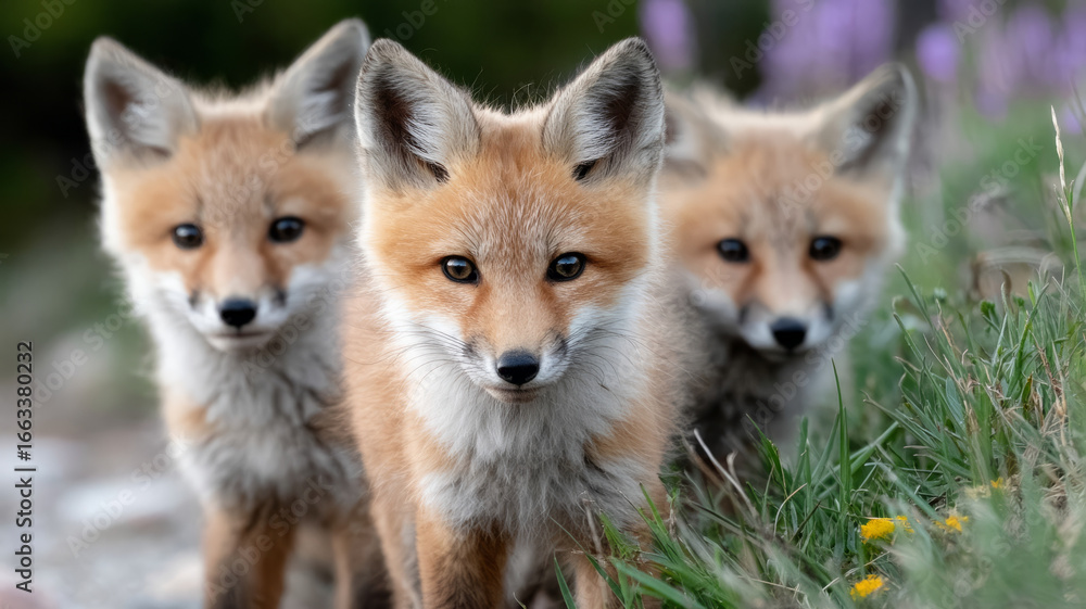 Fototapeta premium Three young foxes standing in grassy area.