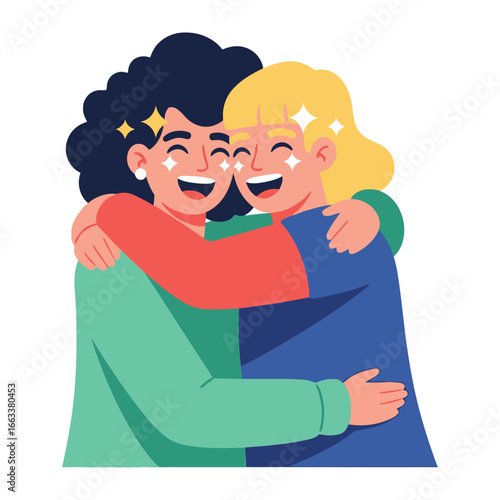 Joyful Embrace: Capturing a heart-warming moment of two friends in a cheerful embrace, expressing a feeling of camaraderie and affection. 