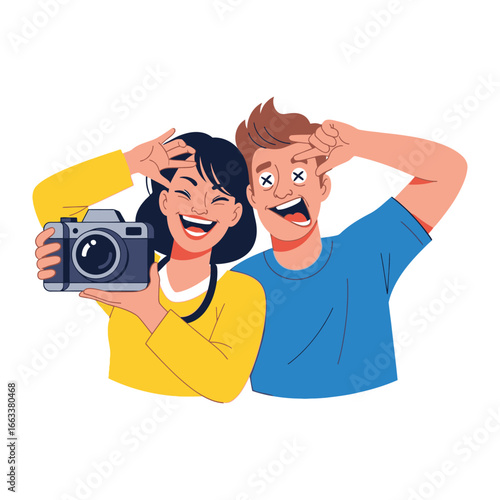 Joyful Moments: A vibrant illustration capturing a moment of fun and laughter as a smiling pair poses for a photo, embodying the spirit of togetherness and happy memory making.