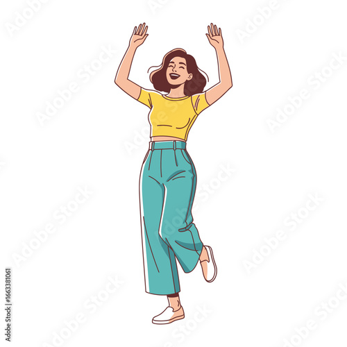 Joyful Moment: A cheerful woman expresses pure happiness with arms raised high. A clean and modern illustration style captures the feeling of joy and positivity.