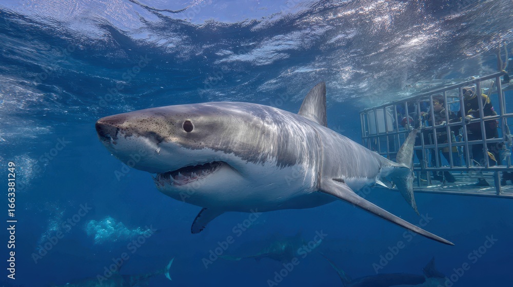Naklejka premium Giant shark swims close to cage divers in clear ocean waters near scenic coastline