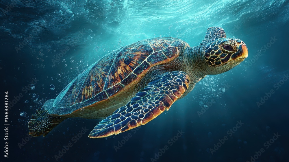 Fototapeta premium Majestic turtle gliding through clear ocean waters during mid-afternoon dive