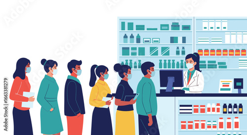 Customers patiently waiting in a line at the pharmacy counter for their medications and advice from the pharmacist