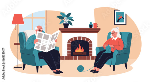 Elderly couple relaxing by the fireplace reading newspaper and knitting together enjoying cozy home atmosphere