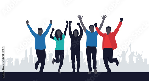 A diverse group of enthusiastic people celebrating success together against a city skyline backdrop