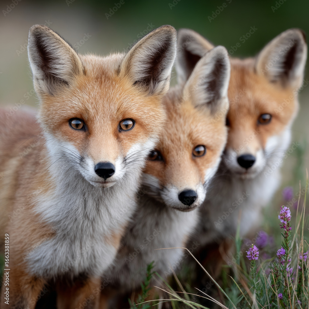 Fototapeta premium Three foxes close together in natural setting.