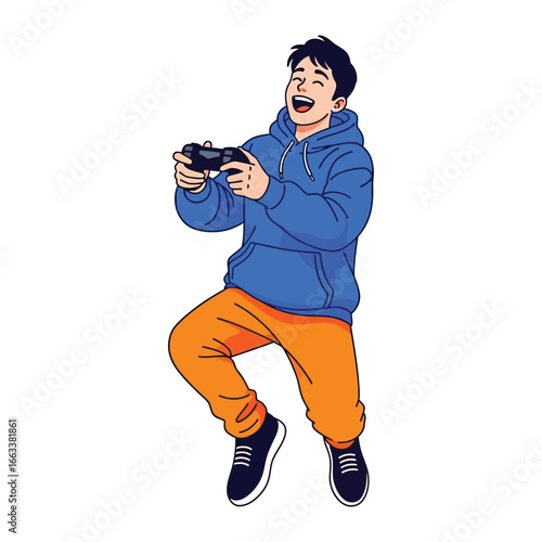 Gamer in Glee: A young, animated gamer, eyes fixed on the digital world, revels in the exhilaration of gameplay, hands gripping a controller, expressing pure, unadulterated joy.