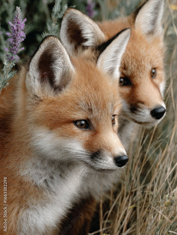 Fototapeta premium Pair of foxes in a natural setting amidst greenery.
