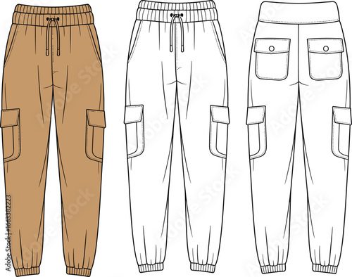 CAD drawing flat vector illustration of cargo jogger pants, front and back views, elastic waistband, drawstring closure, side and rear pockets, technical fashion sketch, garment design template