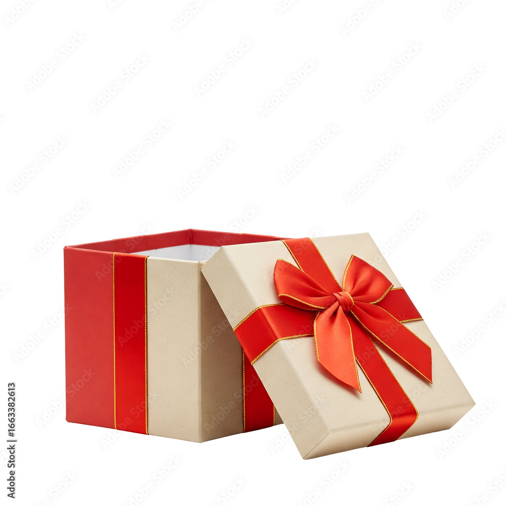 Obraz premium Open Red and Beige Gift Box with Decorative Lid and Red Ribbon on White Background