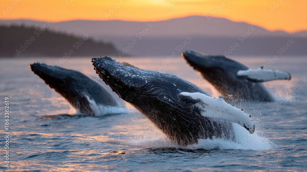 Fototapeta premium Three whales breaching ocean at sunset.
